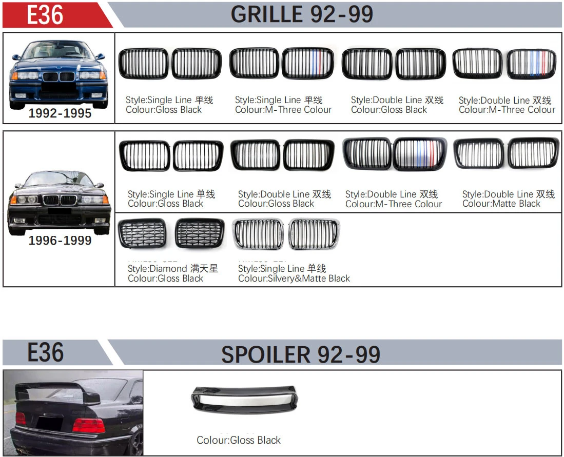 Body Parts for BMW Headlight/Grille/Rear Diffuser/Bumper/Spoiler/ Front Lip /E36/E38/E39/E46/E60/E53/E90/E71/E87/F01/F10/F15/F25/F20/F30/F32/G01/G05/E30