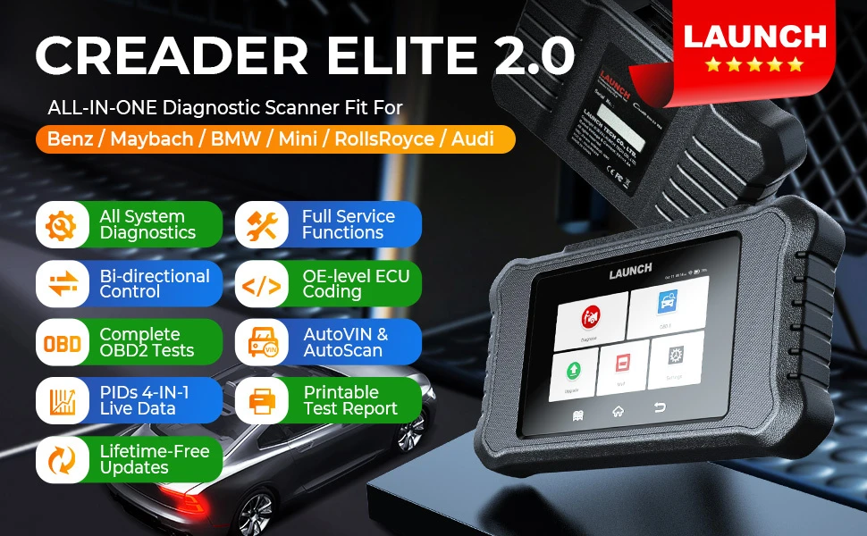 for BMW Benz Audi Launch X431 Creader Elite 2.0 Bba OBD2 Car Scanner 12V Full System Engine Analyzer Bidirectional Scan Tool